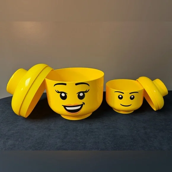 2 LEGO STORAGE HEADS Large Happy Girl & Small Boy - Picture 2 of 4